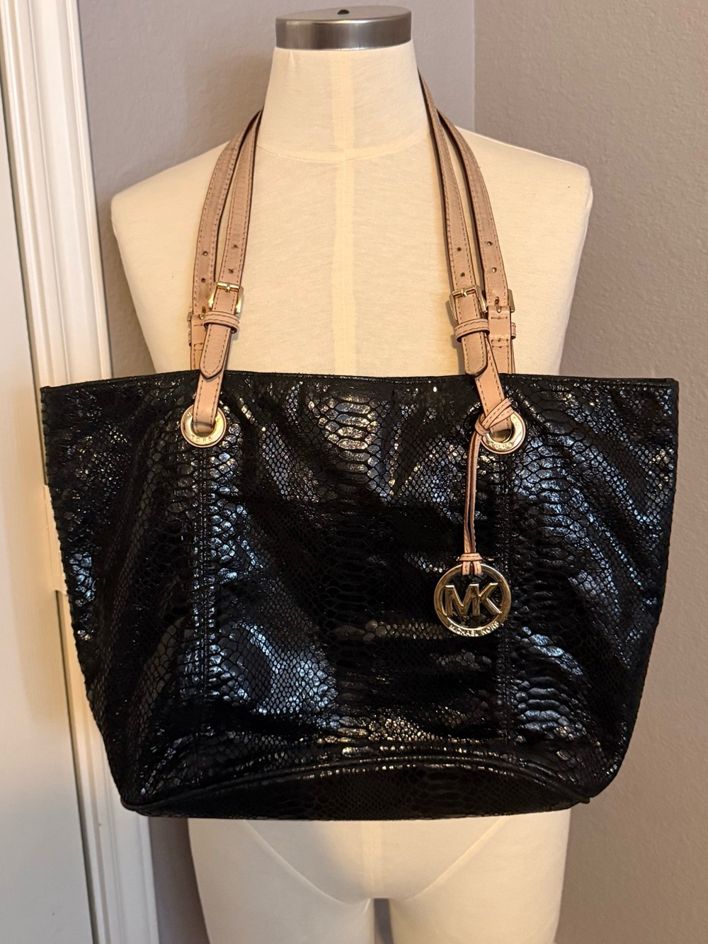 Michael Kors Black Snake-Embossed Tote with Tan Straps